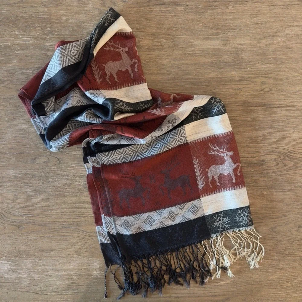100% Pure Cashmere Shawl Wrap From Jerusalem-Reindeer Snowflake Pattern-74x26 in
